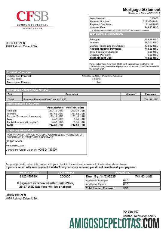 Extrato de hipoteca do banco CFSB dos EUA, Nova York, em formatos Word e PDF exemplo